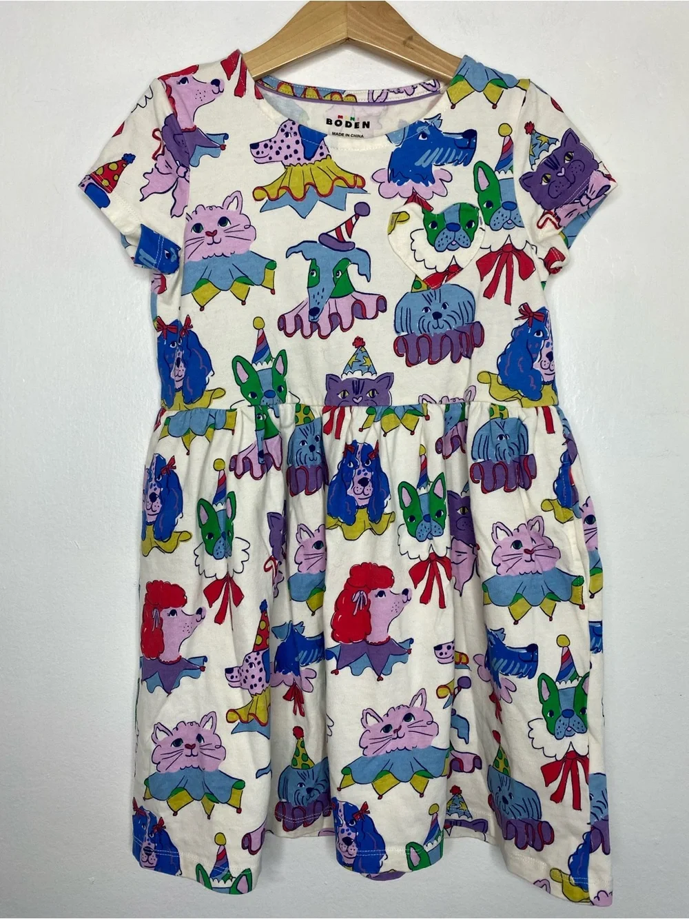Mini Boden Celebration Dogs and cats Jersey dress Size 7-8